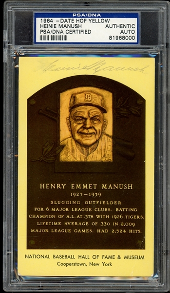 1964-Date Yellow Hall of Fame Plaque Heinie Manush Autographed PSA/DNA