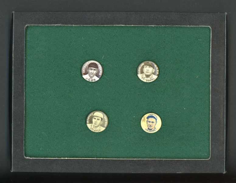 1910-30 Collection Of Four Pins Sweet Caporal And Cracker Jack Including Cobb, Young, Speaker, And Gehrig