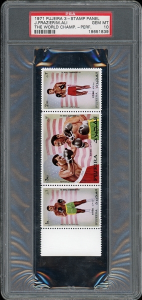 1971 Fujeira 3 Stamp Panel The World Championship Perforated Frazier/Ali PSA 10 GEM MINT