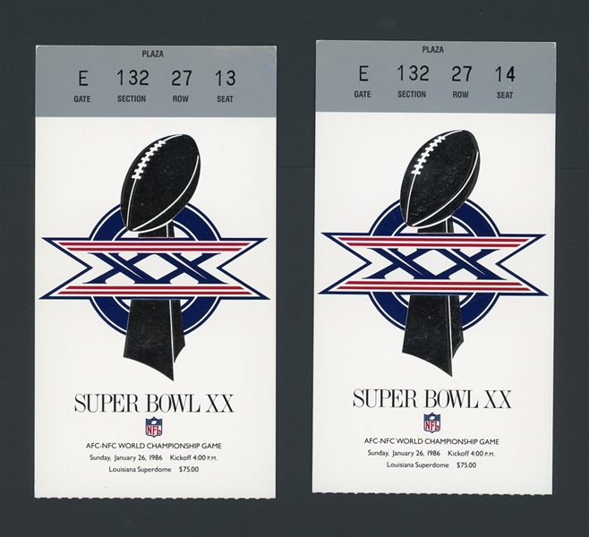 1986 Superbowl XX Pair Of Two (2) Ticket Stubs