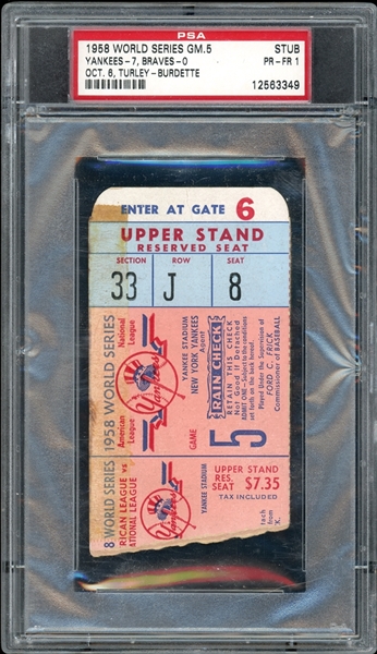 1958 World Series GM. 5 Stub Oct. 6, Turley-Burdette (Yankees 7, Braves 0) PSA 1 PR-FR