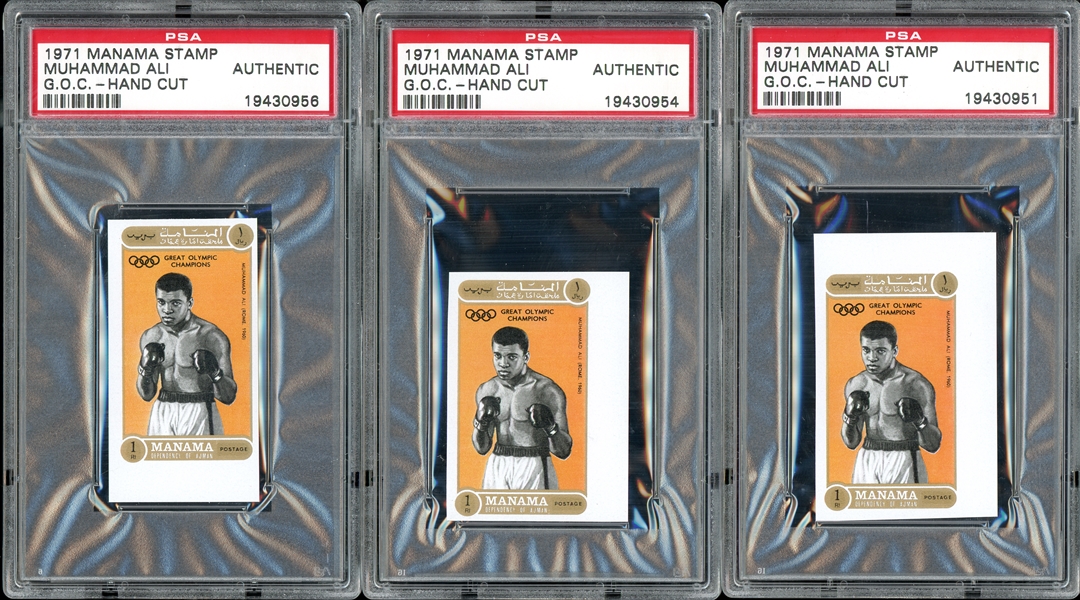 1971 Manama Stamp G.O.C. Hand Cut Muhammad Ali Group Of Three (3) PSA Authentic 