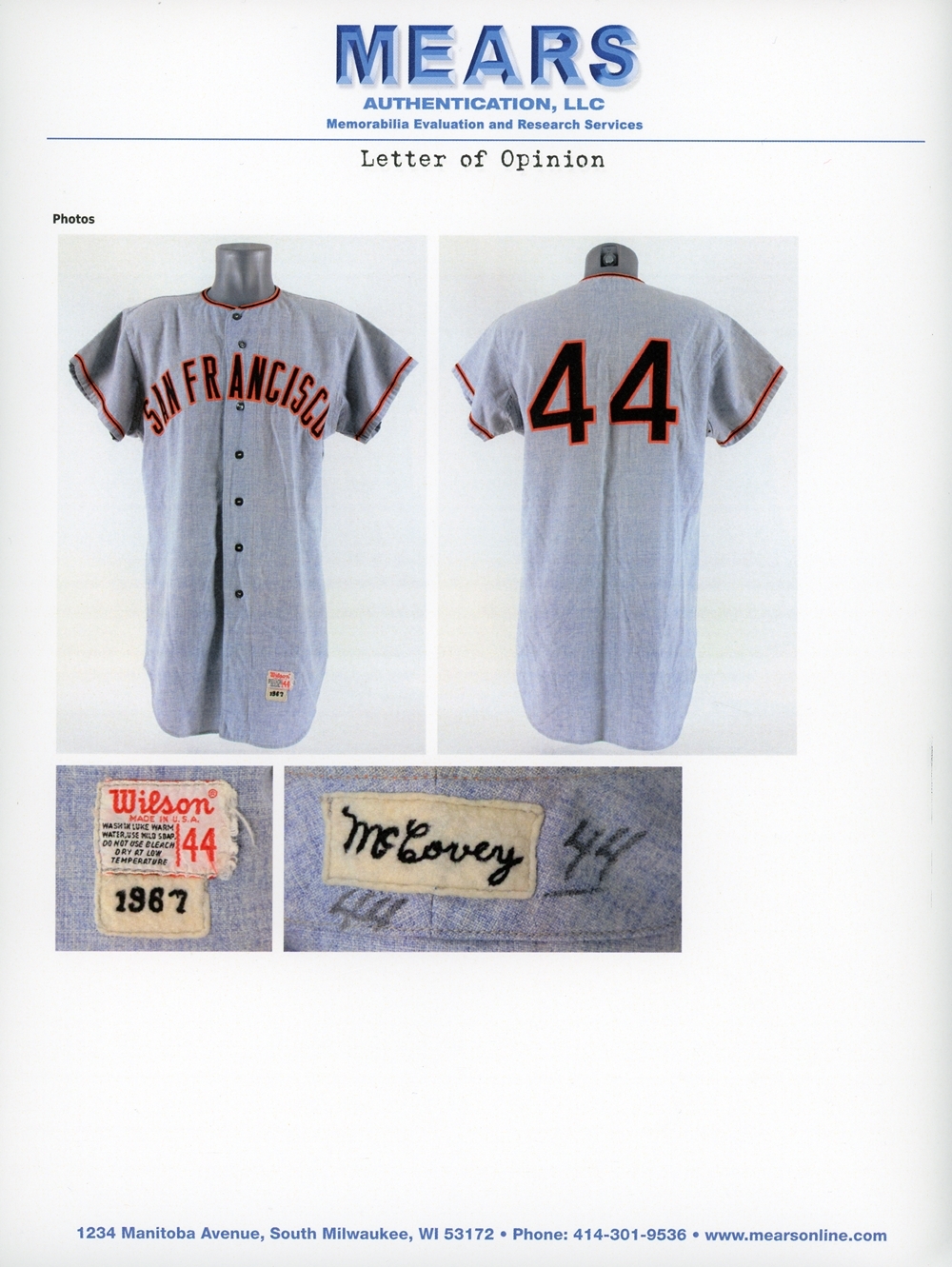 Lot Detail - 1967 Willie McCovey Game Used Road Jersey LOA MEARS A10