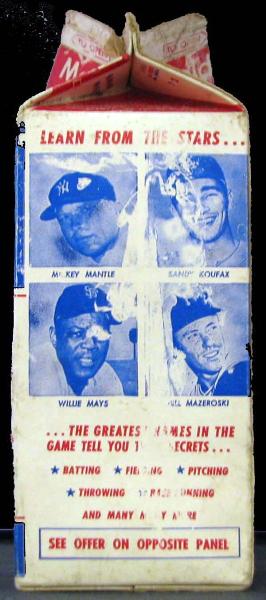 1964 Meadow Gold Milk Carton with Auravision Records Ad Featuring Mantle, Mays, Koufax and Mazeroski