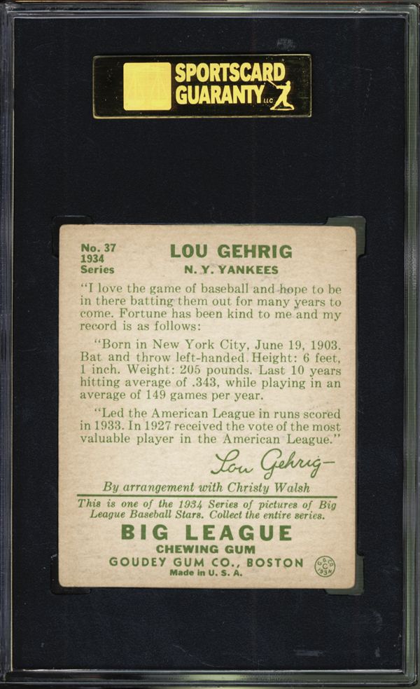 Lou Gehrig Big League Gum Company Baseball Baseball Card No 37 