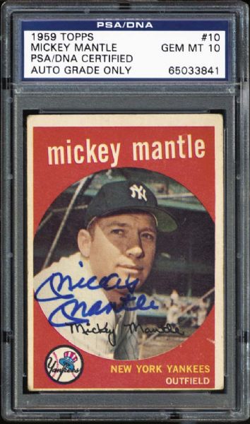 1959 Topps #10 Mickey Mantle Autographed Card PSA/DNA GEM MINT 10