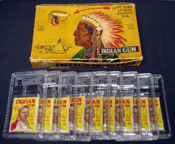 1947 Goudey Indian Gum Partial 5 Cent Wax Box with GAI Graded Packs and Indian Head Ring