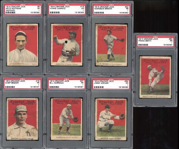 1914 Cracker Jack Group of Seven (7) Cards All Graded PSA 1 with HOFers