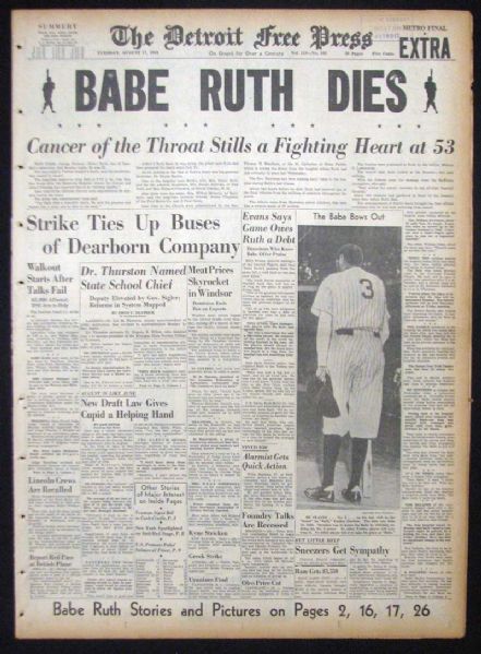 1948 "Babe Ruth Dies" Full Newspaper and 1947 "Babe" Sheet Music by Tobias and Lewis