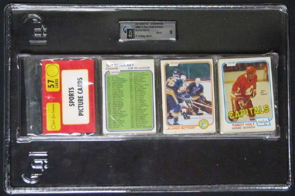 1981-1982 O-Pee-Chee Hockey Unopened Rack Pack with Coffey on Back GAI 9 MINT