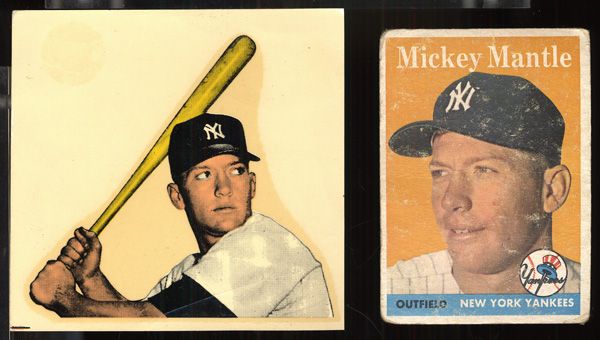 1958 Topps #150 Mickey Mantle and 1956 Mac Boy Mantle Decal