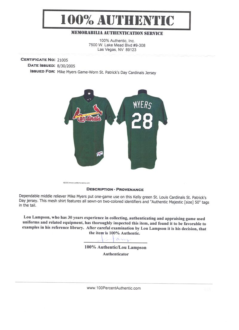 Lot Detail - 2005 Mike Myers St. Louis Cardinals St. Patrick's Day  Game-Used Spring Training Jersey