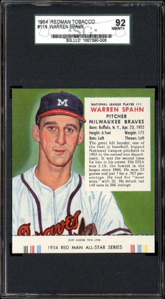 1954 Red Man Tobacco #11N Warren Spahn SGC 92 NM/MT+