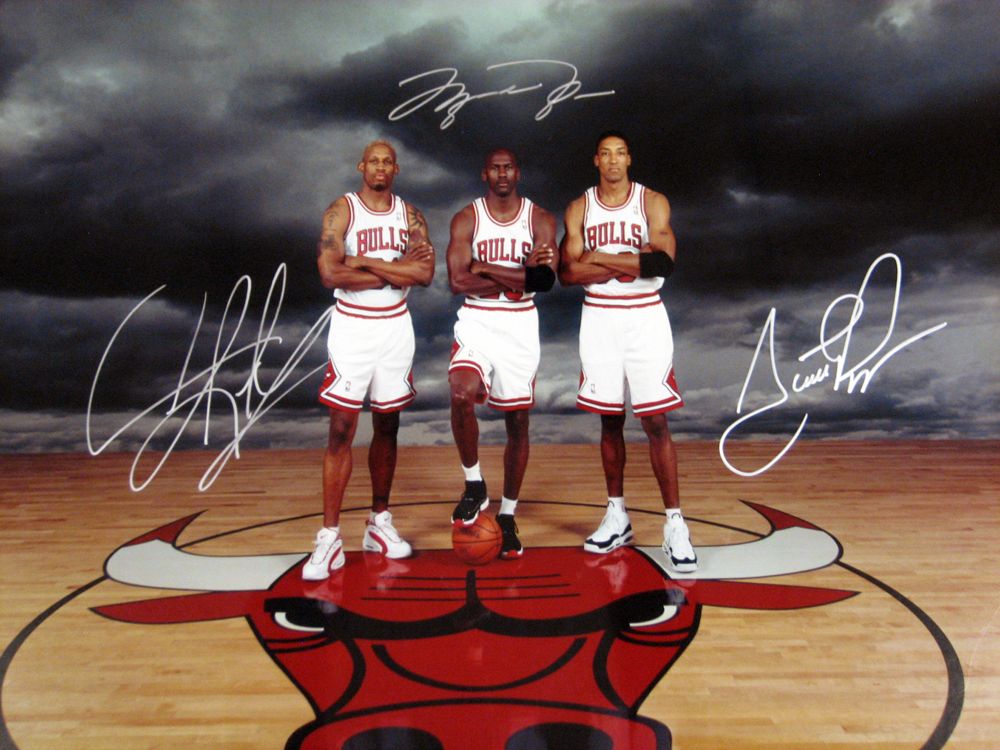 Michael Jordan/Scottie Pippen/Dennis Rodman Chicago Bulls Autographed Print...