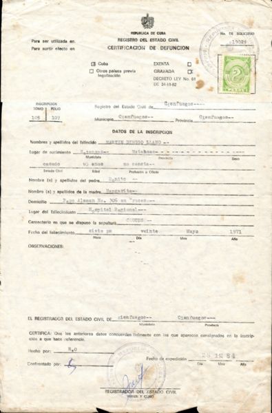 Martin Dihigo Republica de Cuba Official Government Birth and Death Certificates