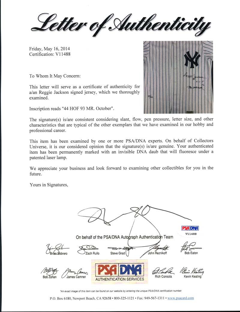 Tristar Reggie Jackson Autographed New York Yankees Jersey Inscribed Hof, Mr. October