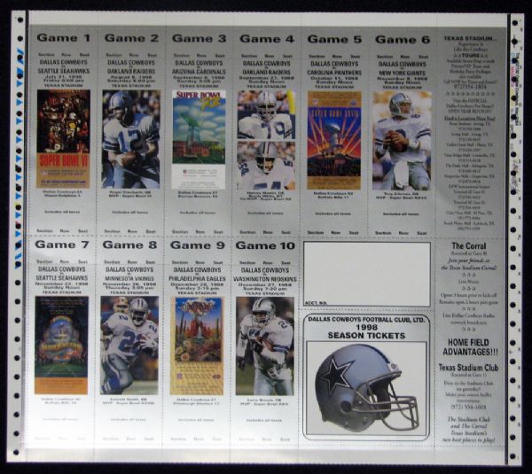 1998 Dallas Cowboys Season Ticket Proof Sheet