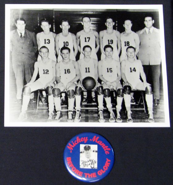 Early Mickey Mantle Images Group of (2) with 8x10 Team Basketball Photo and 3" Pinback