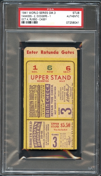 1941 World Series Game 3 Yankees vs Dodgers Ticket Stub PSA Authentic