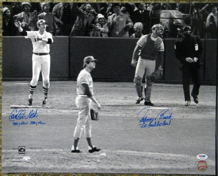 Carlton Fisk and Johnny Bench Signed 16x20 Photograph with "Stay Fair/Go Foul" Inscriptions