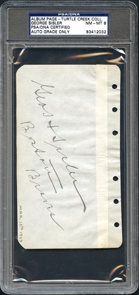 George Sisler Autographed Album Page PSA/DNA 8 MINT