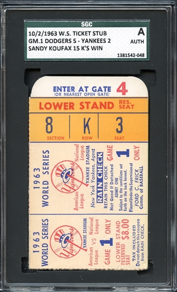 10/2/1963 World Series Ticket Stub Game 1 Koufax 15 Ks Win SGC Authentic