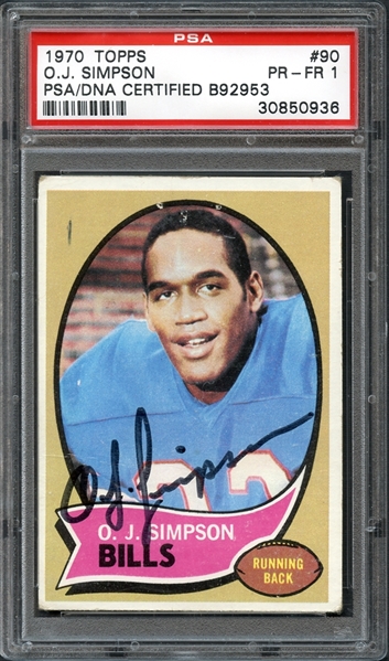 1970 Topps #90 O.J. Simpson Autographed Card PSA 1 PR/FR