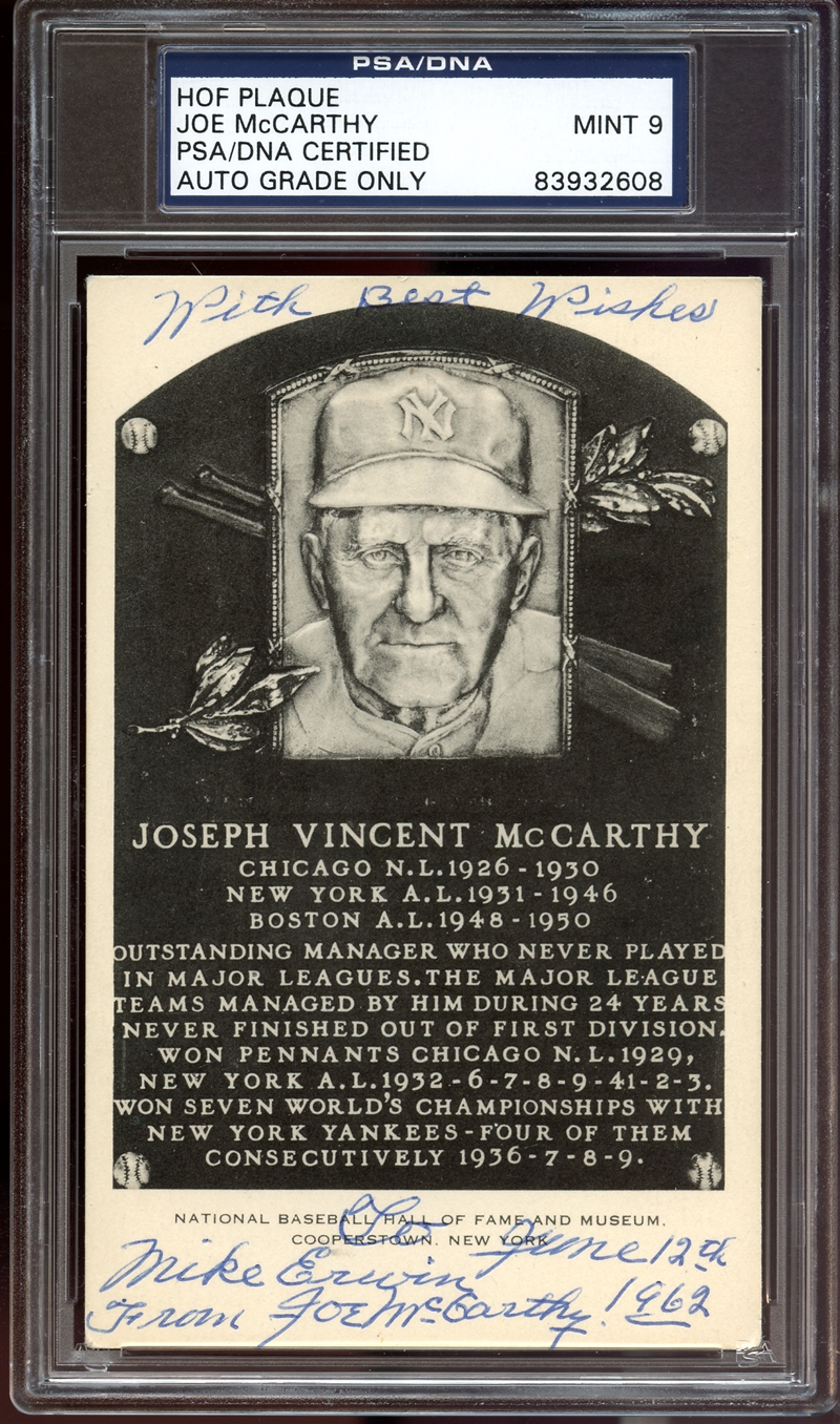 Lot Detail - Joe McCarthy Signed B&W Hall of Fame Plaque PSA/DNA 9 MINT