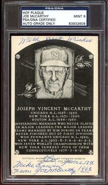 Joe McCarthy Signed B&W Hall of Fame Plaque PSA/DNA 9 MINT 