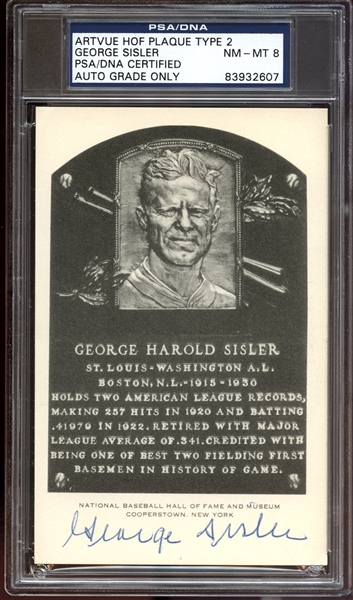 George Sisler Signed B&W Hall of Fame Postcard PSA/DNA 8 NM/MT