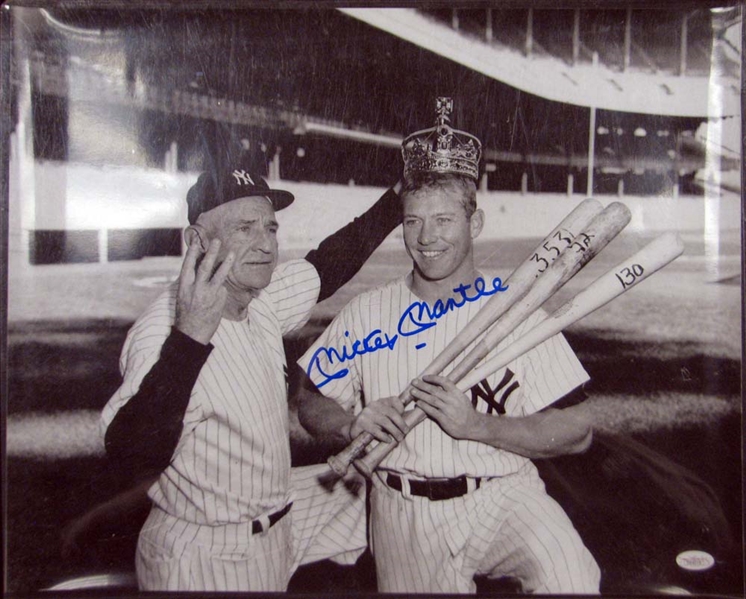 Mickey Mantle Signed 16 x 20 B&W Triple Crown Photo with Casey Stengel  