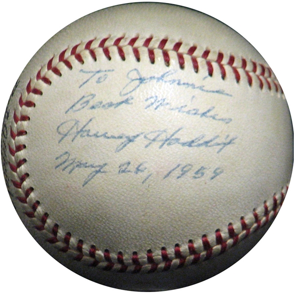 Harvey Haddix Signed and Inscribed ONL (Giles) Ball Dated to 12-Inning Perfect Game Loss