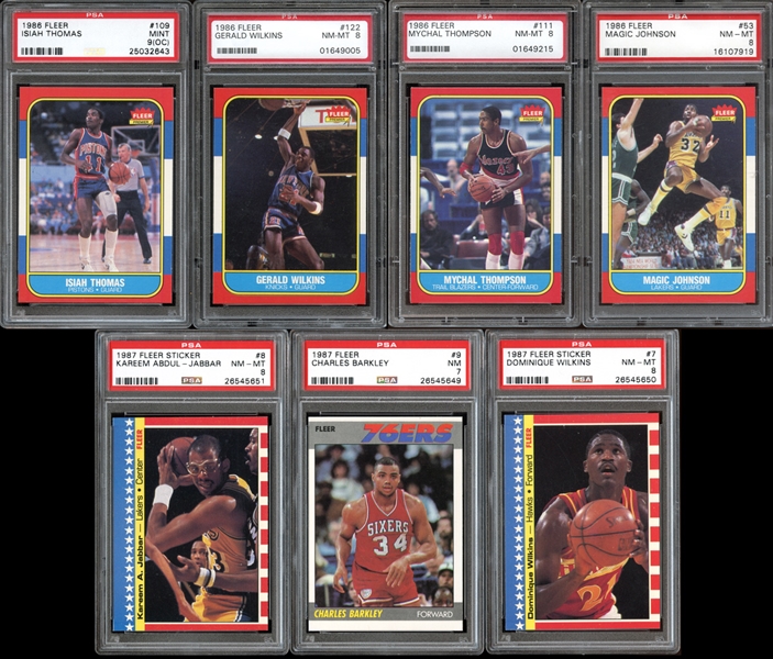 1986-87 Fleer Basketball Group of (7) All PSA Graded with Stars and HOFers