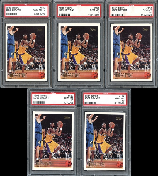 1996 Topps #138 Kobe Bryant Group of (5) Cards All Graded PSA 10 GEM MINT