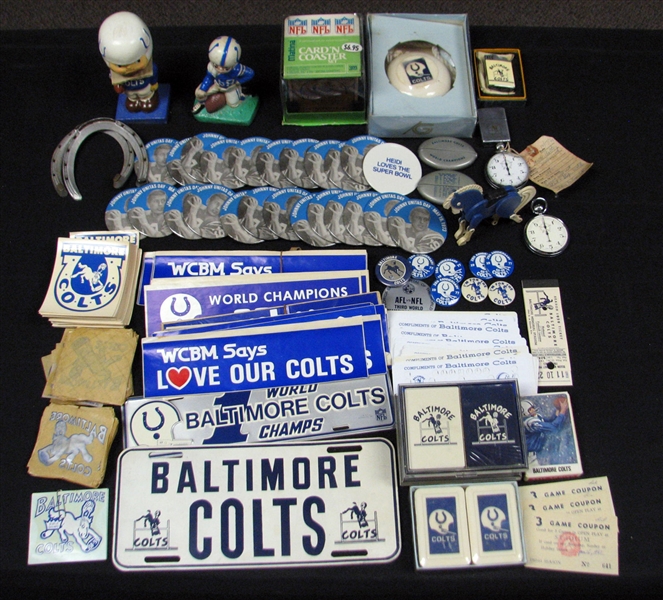 1960s Baltimore Colts Extensive Memorabilia Collection Featuring Bobble Head Doll, Pinbacks, Buttons, Stickers, etc. 