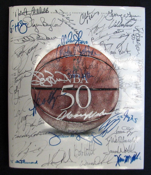 The NBA at 50 Multi-Signed Hardcover Book with (47) Signatures Featuring Jordan, Russell, Bird, Magic, Baylor, Etc.