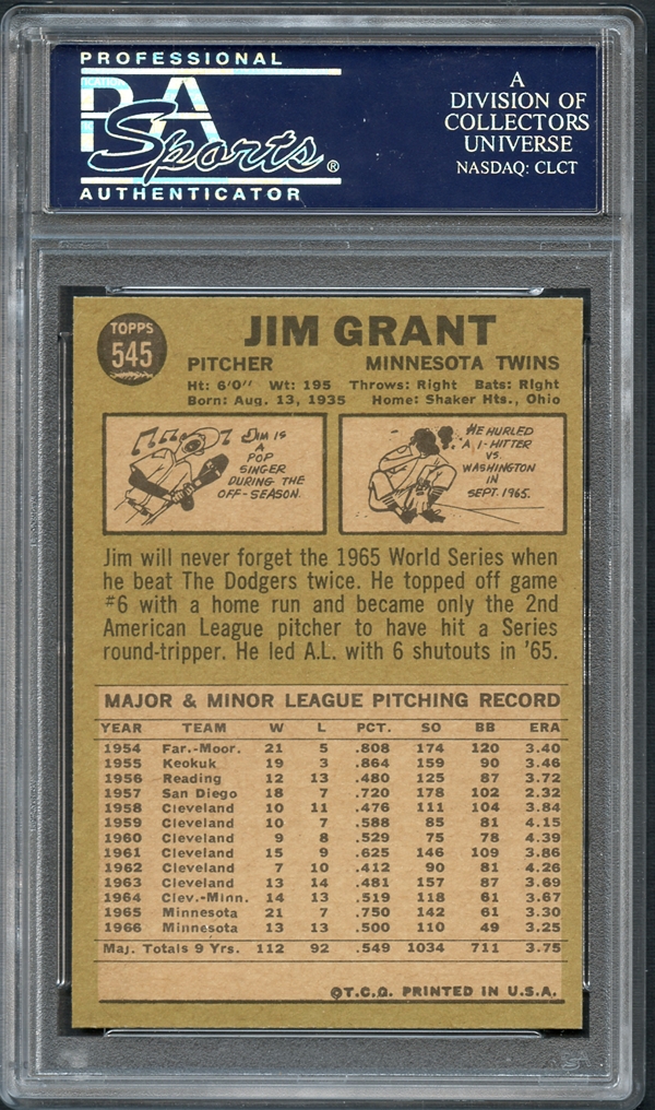 Sold at Auction: 1967 Topps Baseball Card #545 Jim Grant Twins