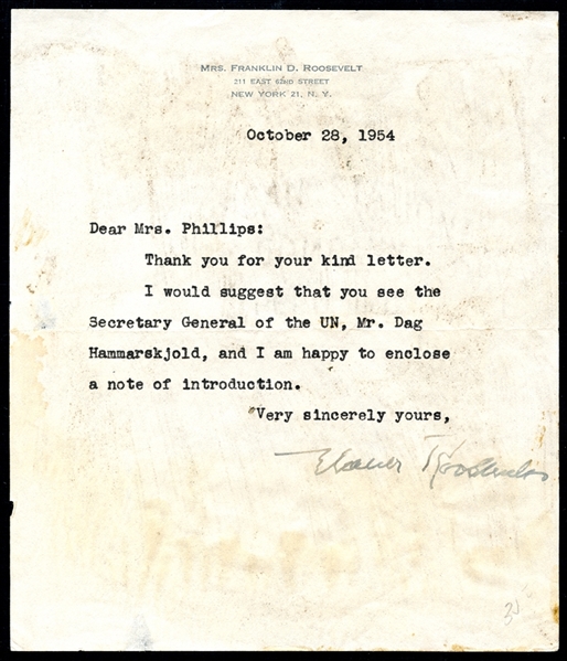 Eleanor Roosevelt Typed Signed Letter LOA JSA