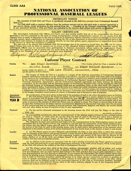 Original 1958 AAA Baseball Contract Signed by Ralph Kiner 
