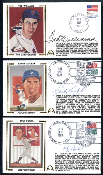 Group of (10) Autographed Gateway Envelopes Featuring T. Williams, Koufax, Berra