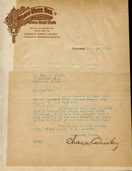 1912 Charles Comiskey Signed Typed Letter on Chicago White Sox Letterhead JSA