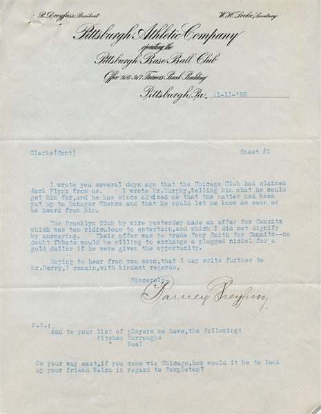 1909 Barney Dreyfuss Signed Typed Letter On Pittsburgh Athletic Company Letterhead JSA