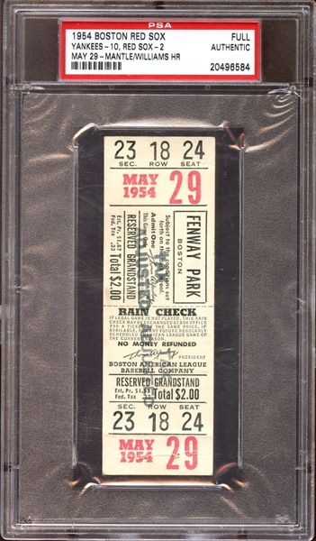 1954 Boston Red Sox/New York Yankees Full Ticket Mantle/Williams Home Runs PSA AUTHENTIC