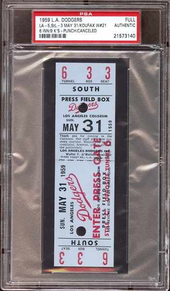 1959 Los Angeles Dodgers Full Ticket Koufax 21st Win PSA AUTHENTIC