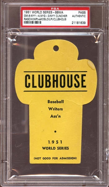 1951 World Series BBWA Clubhouse Pass PSA AUTHENTIC