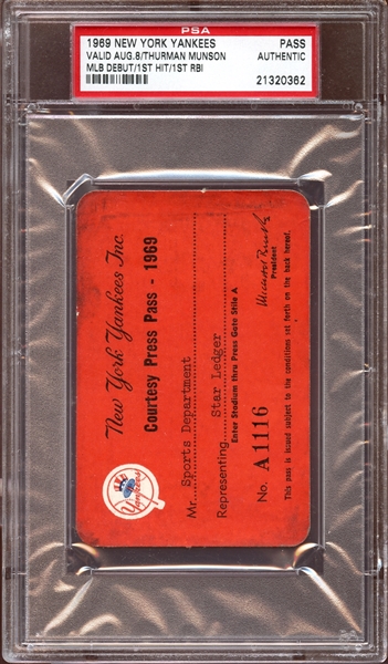 1969 New York Yankees Press Pass PSA AUTHENTIC