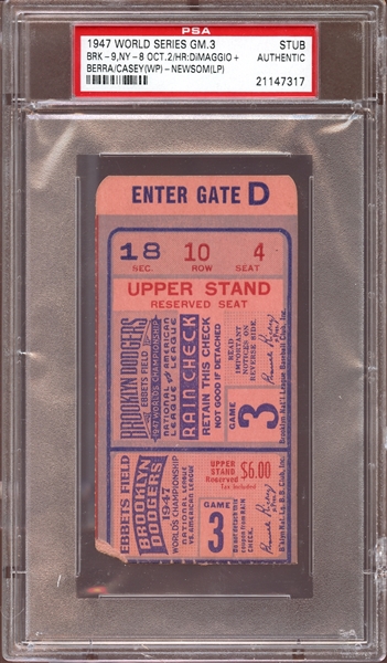 1947 World Series Game 3 Ticket Stub DiMaggio/Berra Home Runs PSA AUTHENTIC