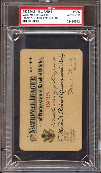 1935 MLB National League Parks Pass Signed by Ford Frick PSA AUTHENTIC/JSA