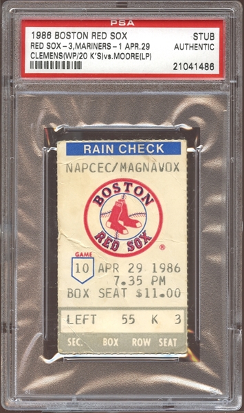 1986 Boston Red Sox Ticket Stub Clemens 20 Strikeouts PSA AUTHENTIC