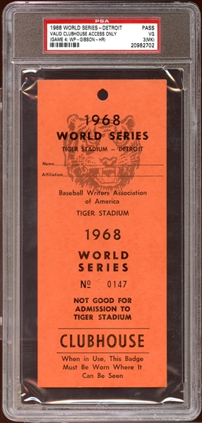 1968 World Series Tigers Stadium BBWAA Press Pass PSA 3 VG (MK)